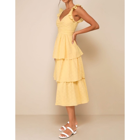 NWT Lulus Charming Decision Yellow Swiss Dot Ruched Tiered Midi Dress XL - Picture 2 of 15